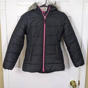 RM 1958 Black & Pink Puffer Jacket with Faux-Fur Trim Hood - Girls 10/12*